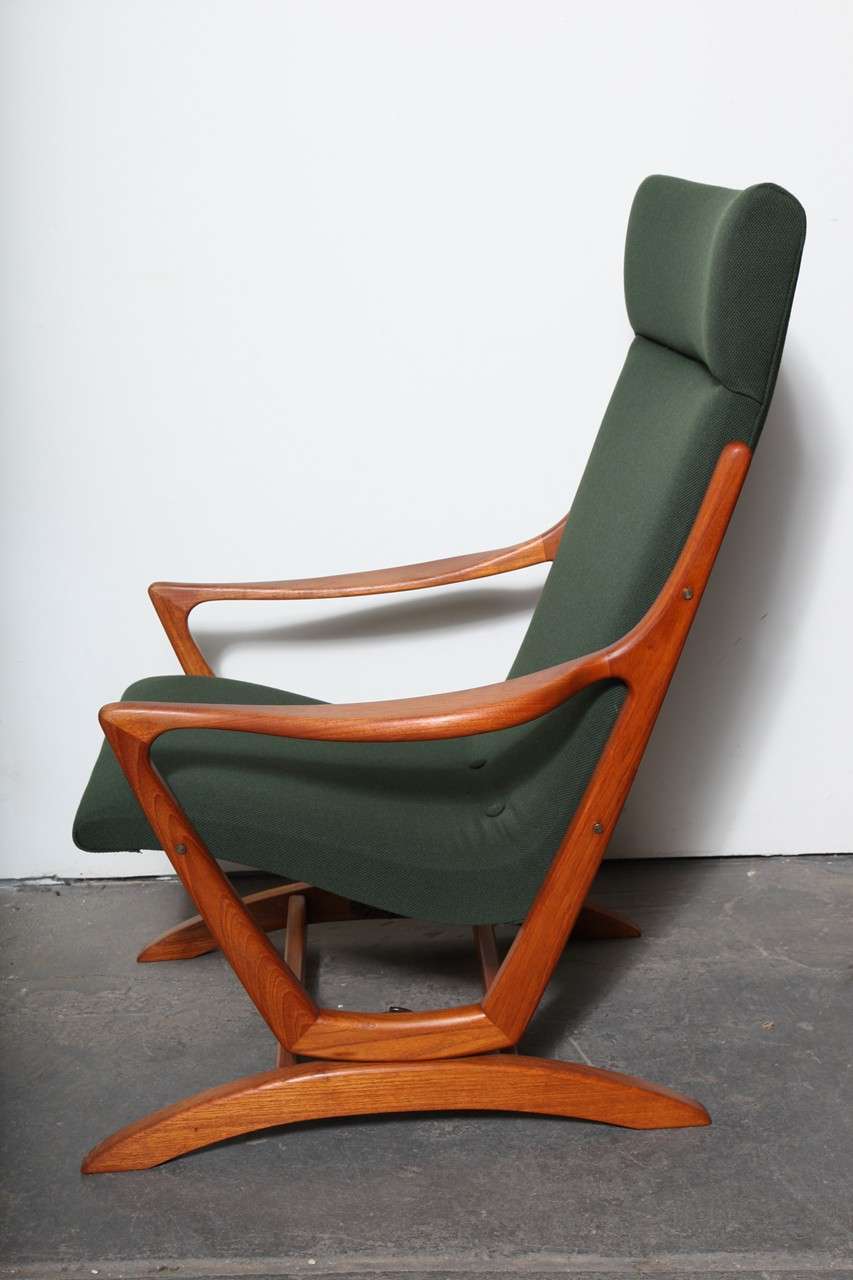 Danish Modern Teak Highback Rocking Chair with Green Upholstery at 1stDibs