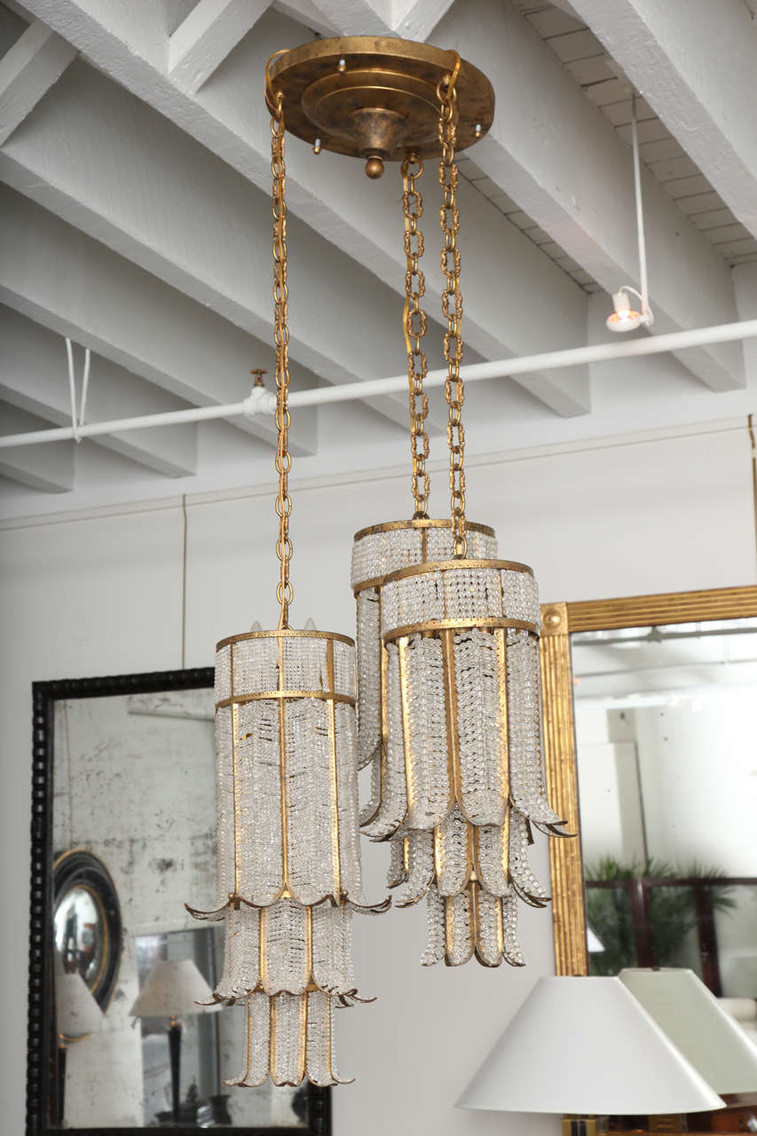 French Mid-20th Century Beaded Crystal and Gilt Metal Chandelier