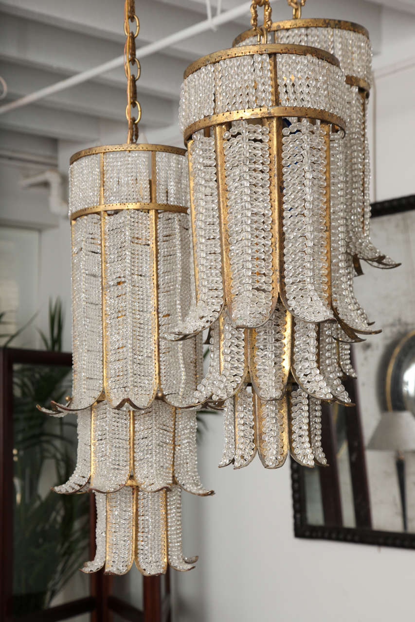 Mid-20th Century Beaded Crystal and Gilt Metal Chandelier In Excellent Condition In New York, NY