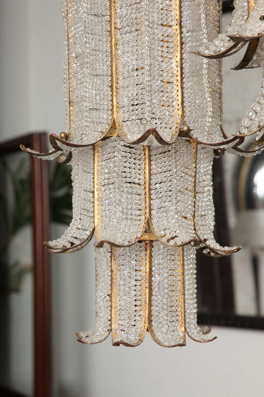 Mid-20th Century Beaded Crystal and Gilt Metal Chandelier 1