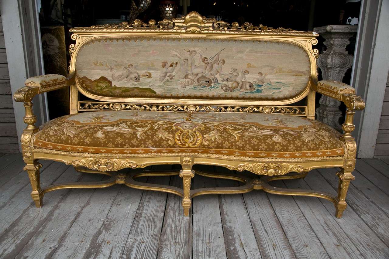 French Louis XVI Style   3  Piece Gilded Salon Set For Sale