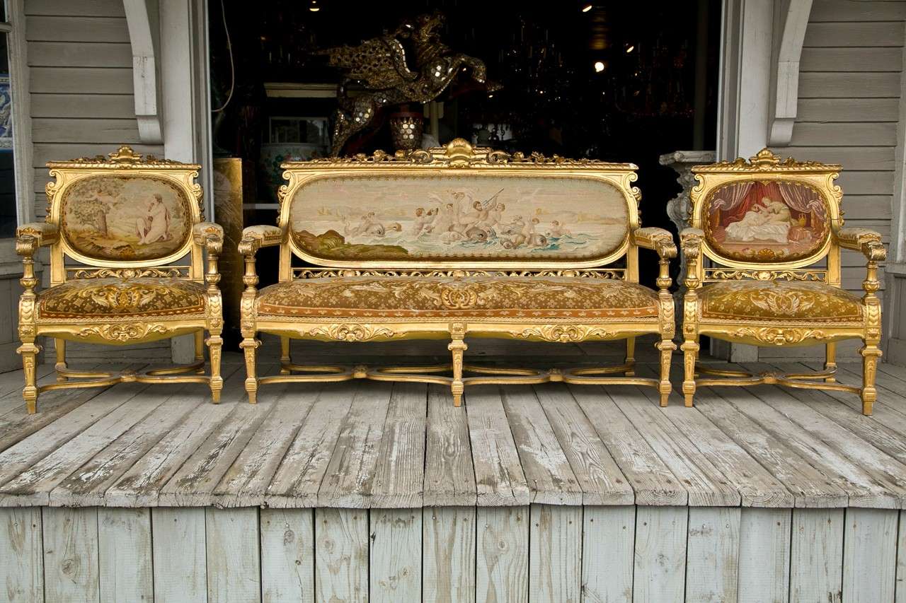 Gesso Louis XVI Style   3  Piece Gilded Salon Set For Sale