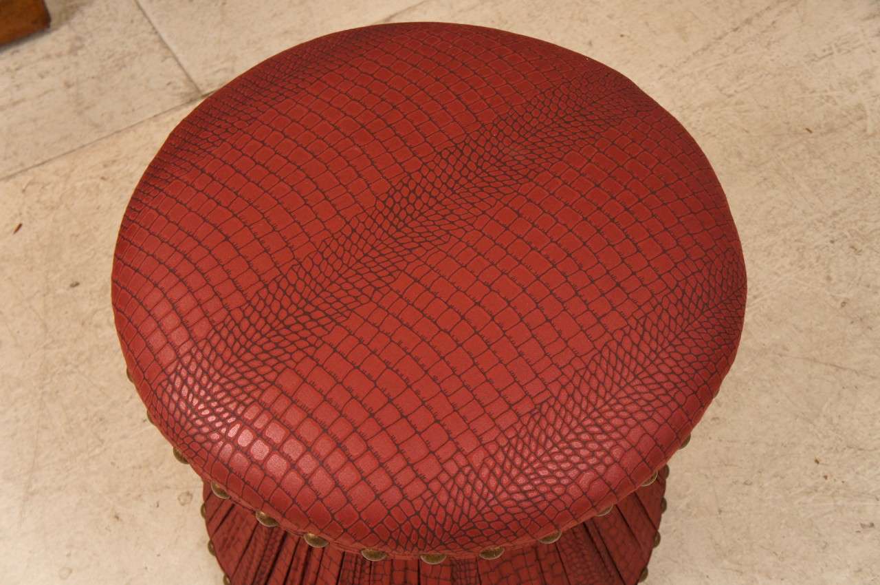 American Hourglass Stool with Embossed Leather Printed Cotton Upholstery For Sale