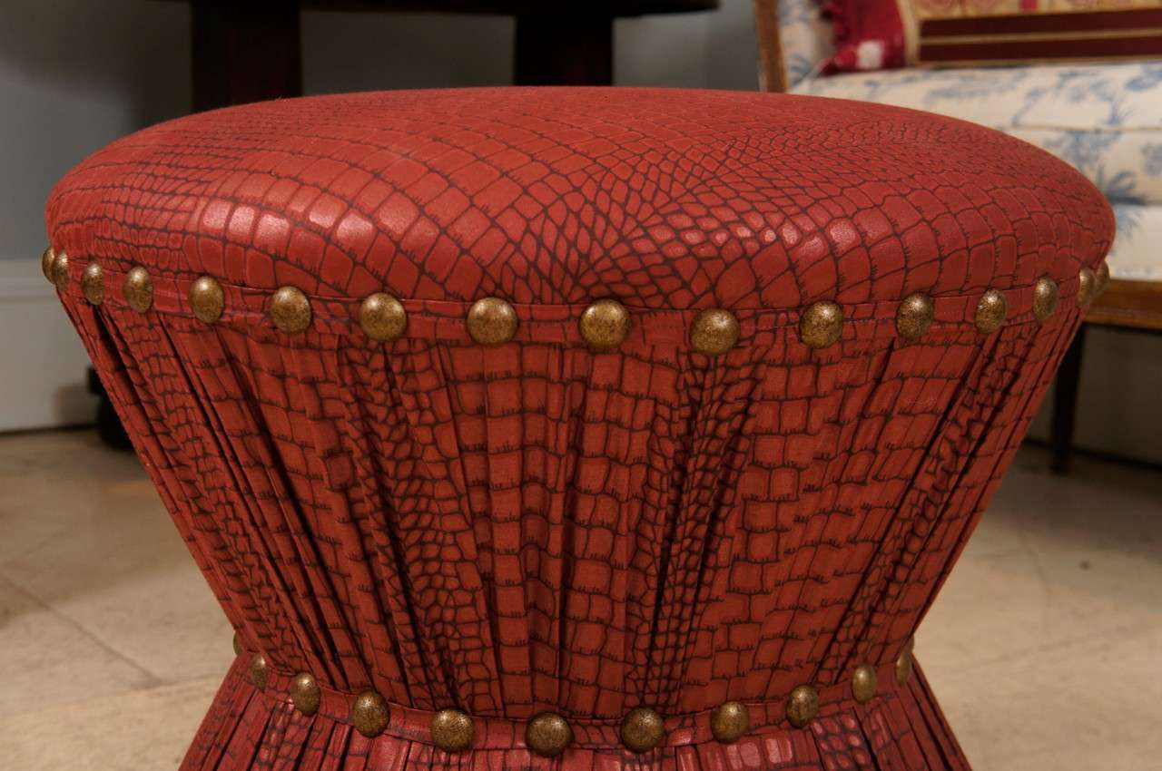 Hourglass Stool with Embossed Leather Printed Cotton Upholstery In Excellent Condition For Sale In Hudson, NY