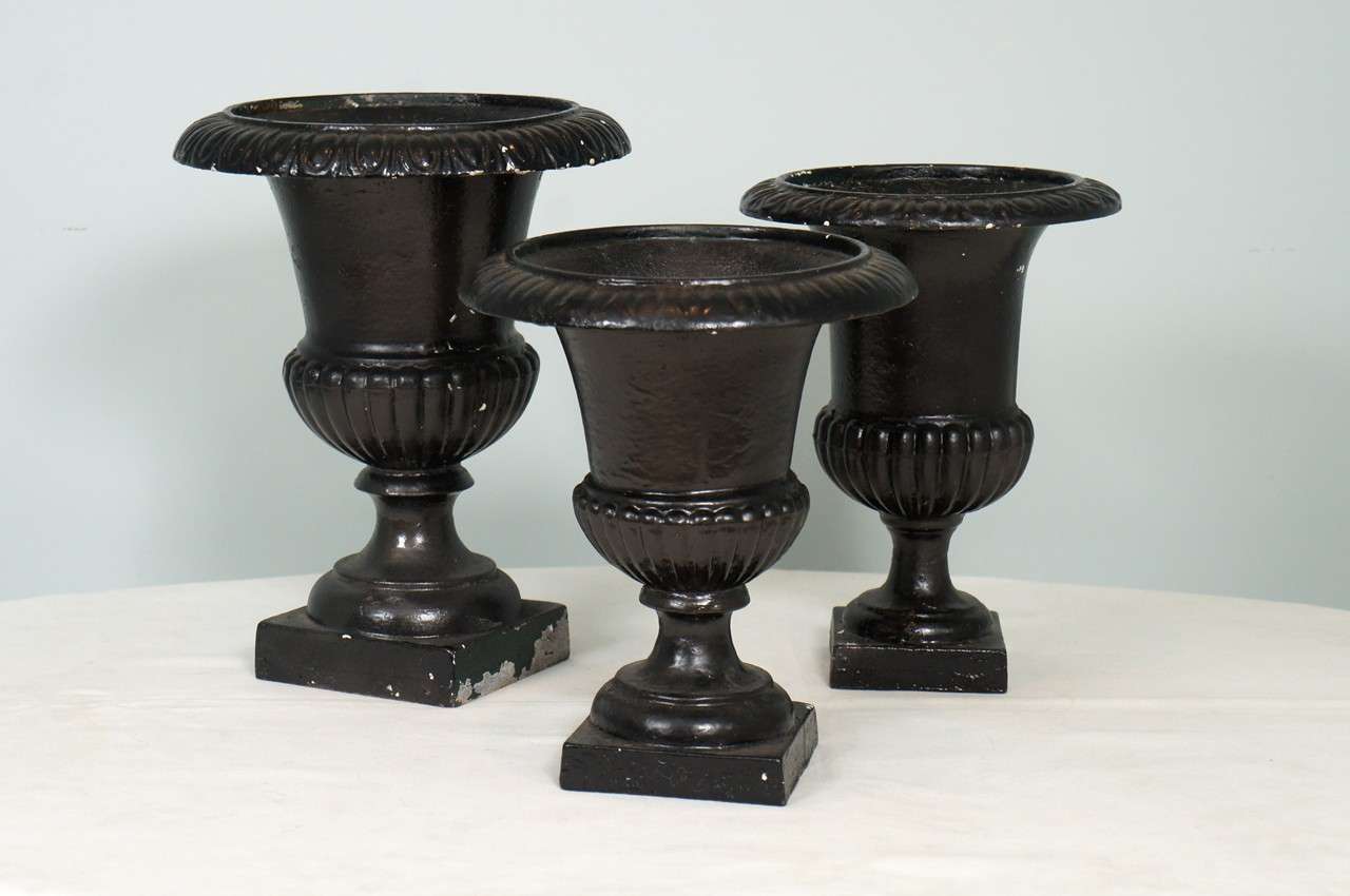 Three Cast Iron Black Painted Garden Urns For Sale at 1stdibs