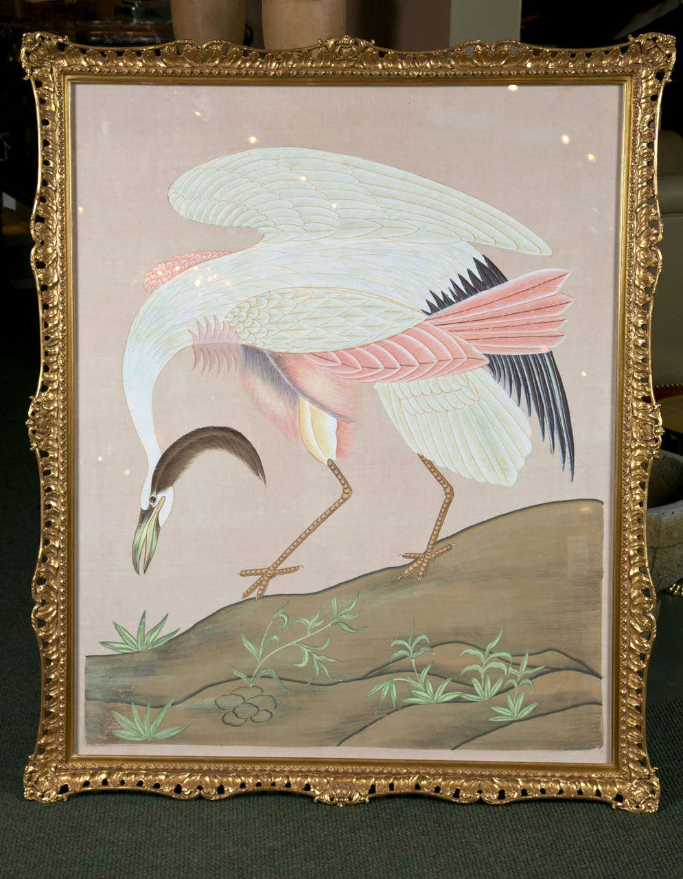 Indian Painting on Silk of a Crane 3