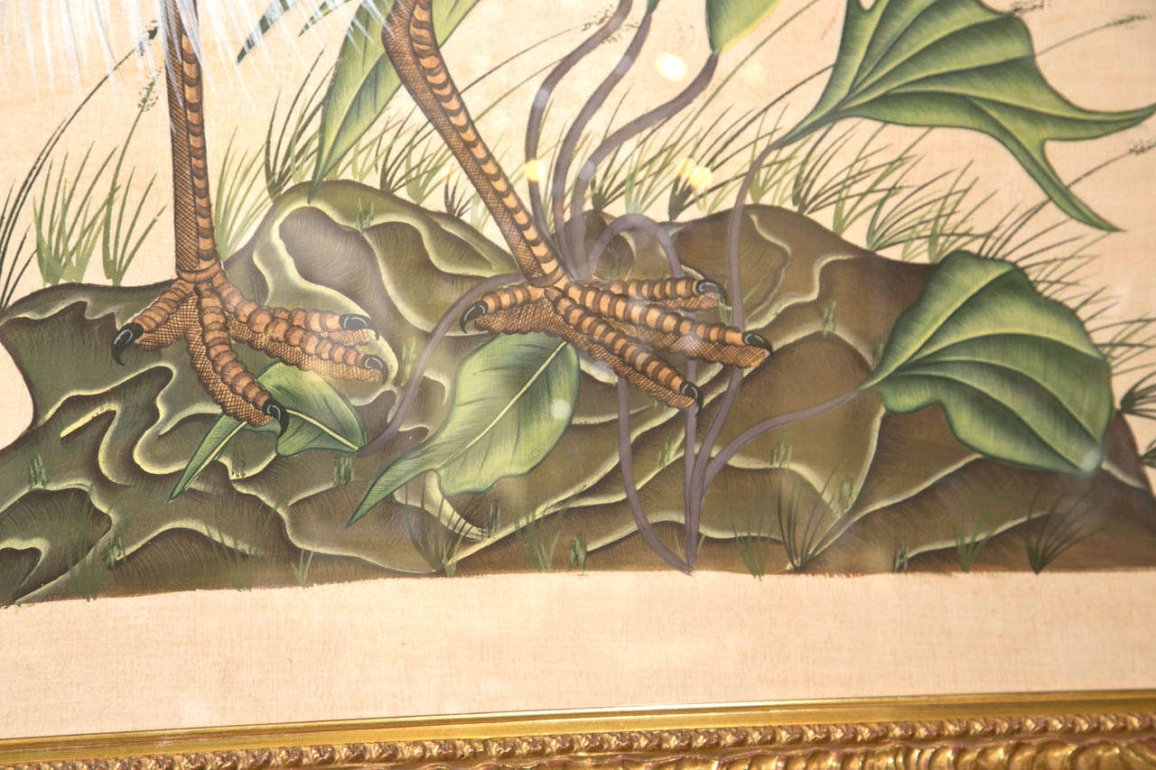 Indian Painting on Silk of an Egret In Excellent Condition In Stamford, CT