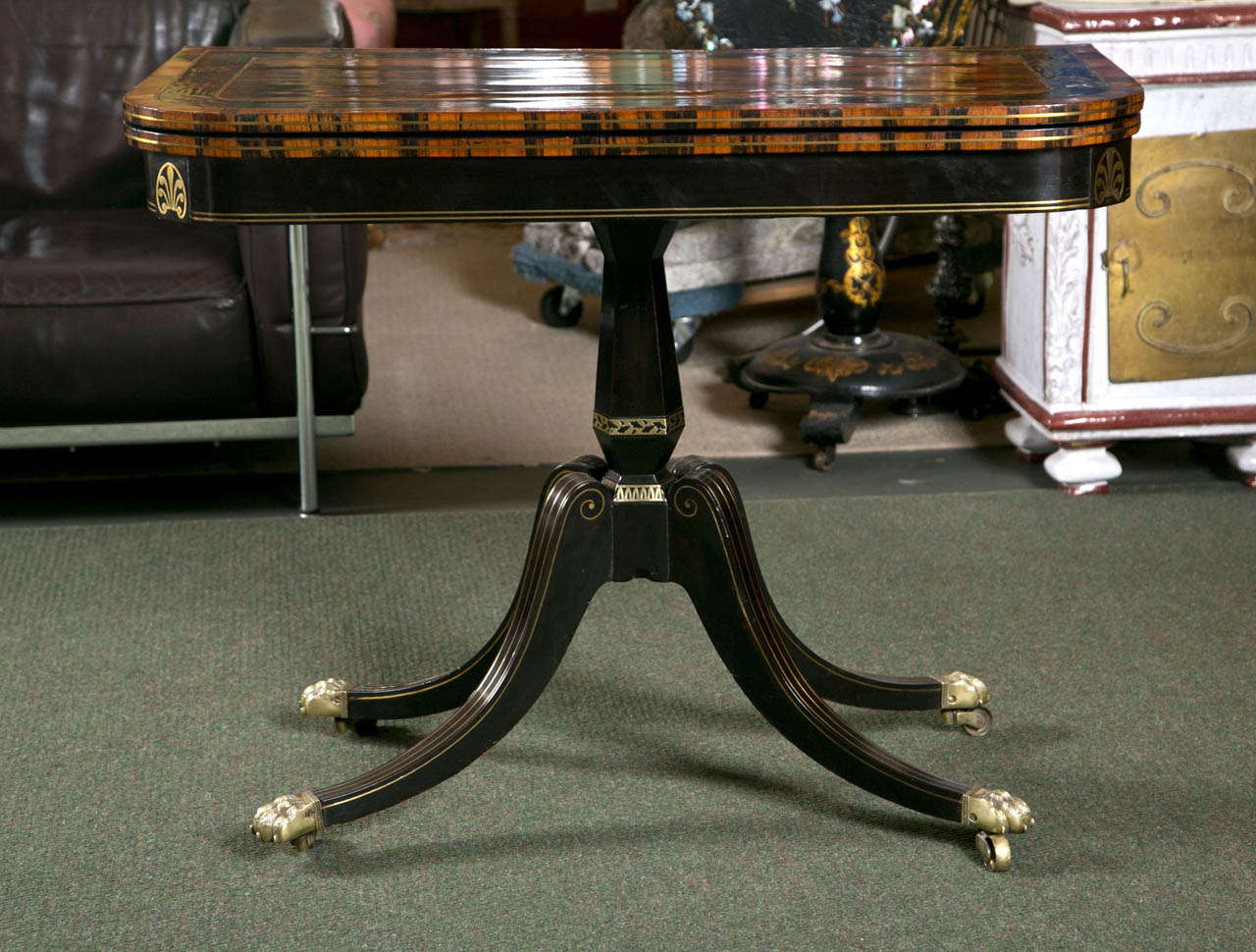 Brass Regency Ebonized and Calamander Wood Card Table