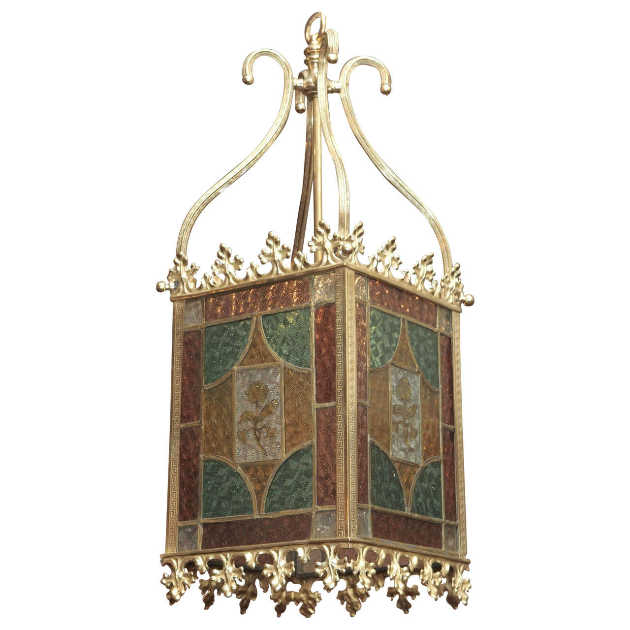 Antique English Edwardian Brass and Colored Glass Lantern circa 1890s