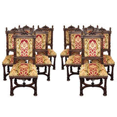 Set of 10 Antique Carved Walnut French Renaissance Design Chairs