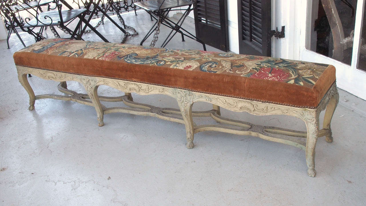 French Early 19th century Louis XV Painted Long Bench with 17th century. Abusson cover.
