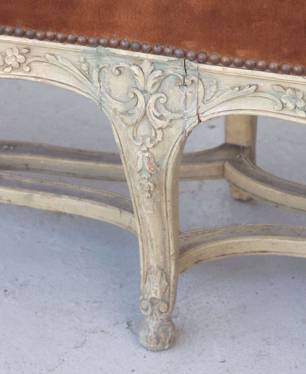 19th Century French Early 19th Louis XV Painted Long Bench with Abusson Cover