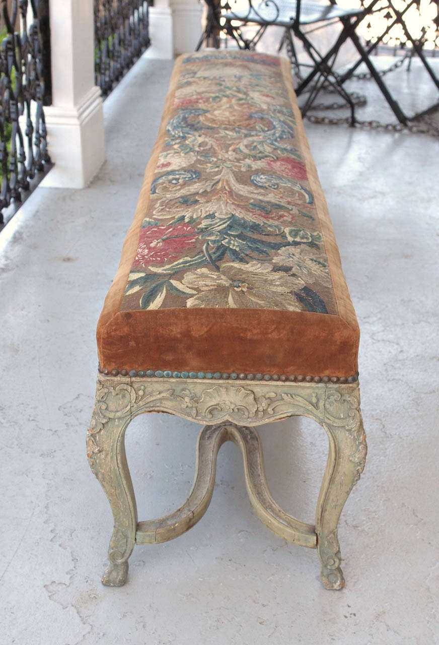 French Early 19th Louis XV Painted Long Bench with Abusson Cover 5