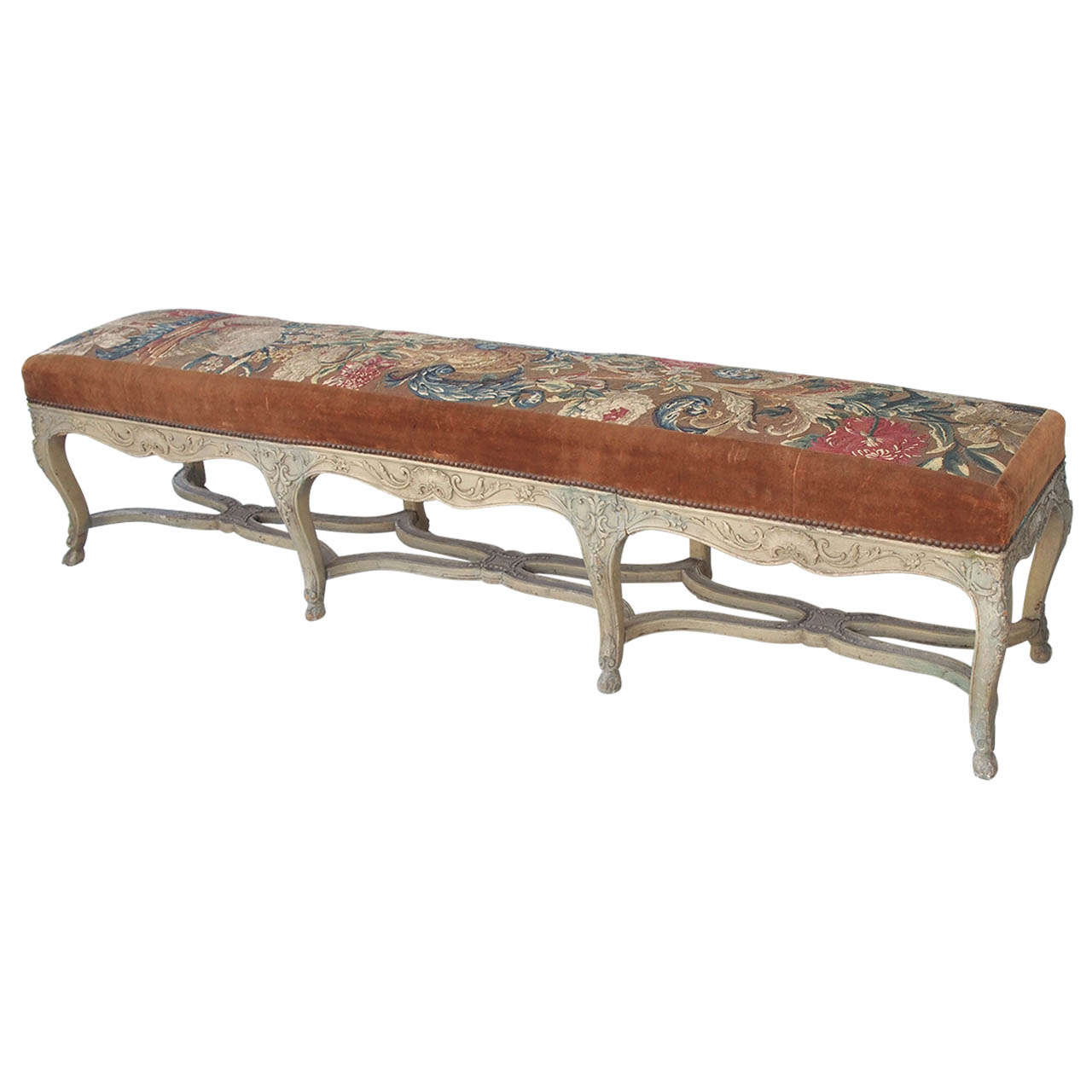 French Early 19th Louis XV Painted Long Bench with Abusson Cover