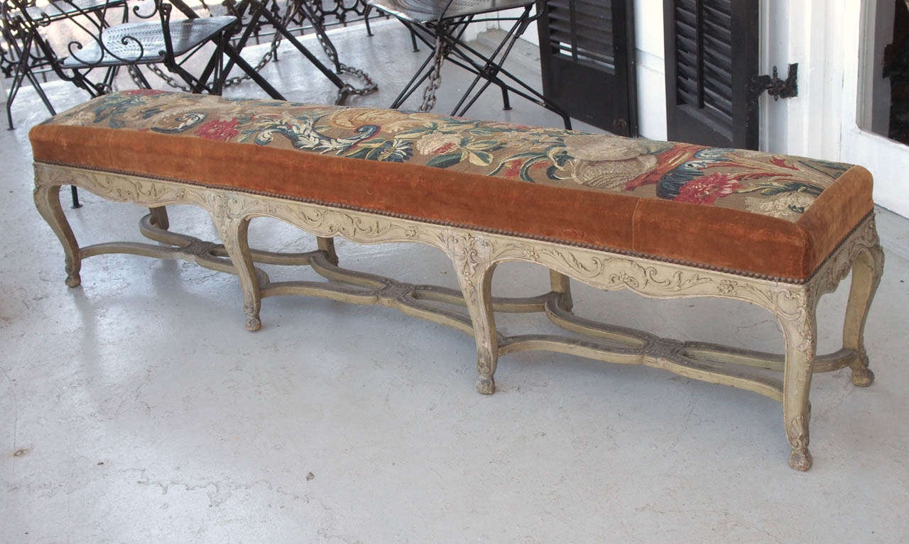 French early 19th century Carved Louis XV Painted Long Bench with 17th century.  Abusson tapestry covering.