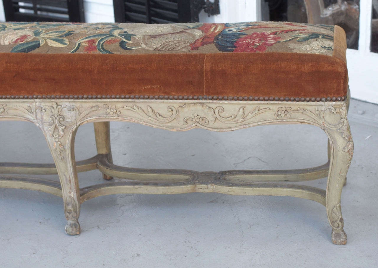 French Early 19th  Louis XV Painted Long Benches with Abusson Cover In Good Condition In Natchez, MS