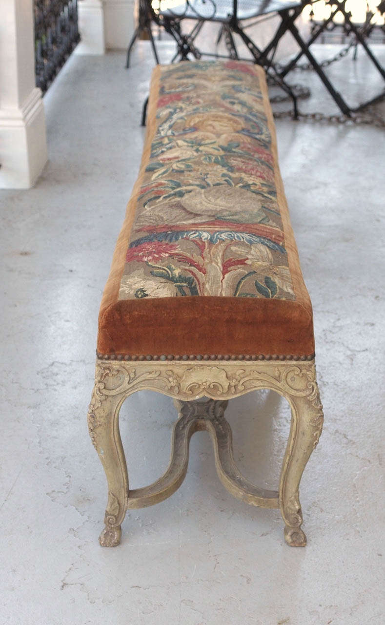French Early 19th  Louis XV Painted Long Benches with Abusson Cover 5