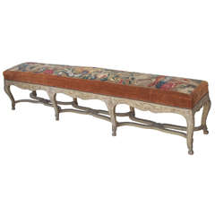 French Early 19th  Louis XV Painted Long Benches with Abusson Cover