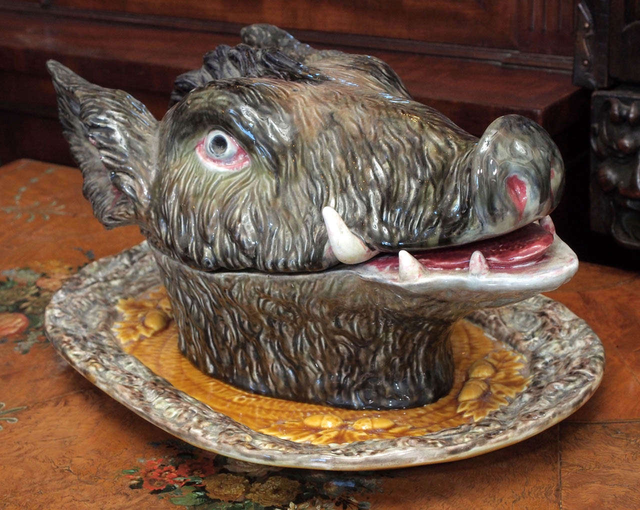 Portuguese Majolica Soup Tureen in the form of a boars head on a platter with bas relief oak leaf and acorn motif. c. 1900