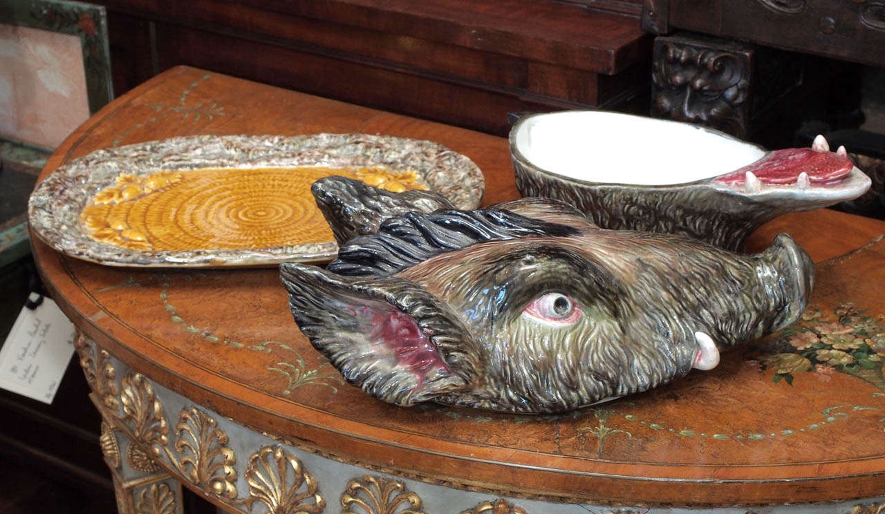20th Century Portuguese Majolica Soup Tureen in the form of a Boars Head on Platter