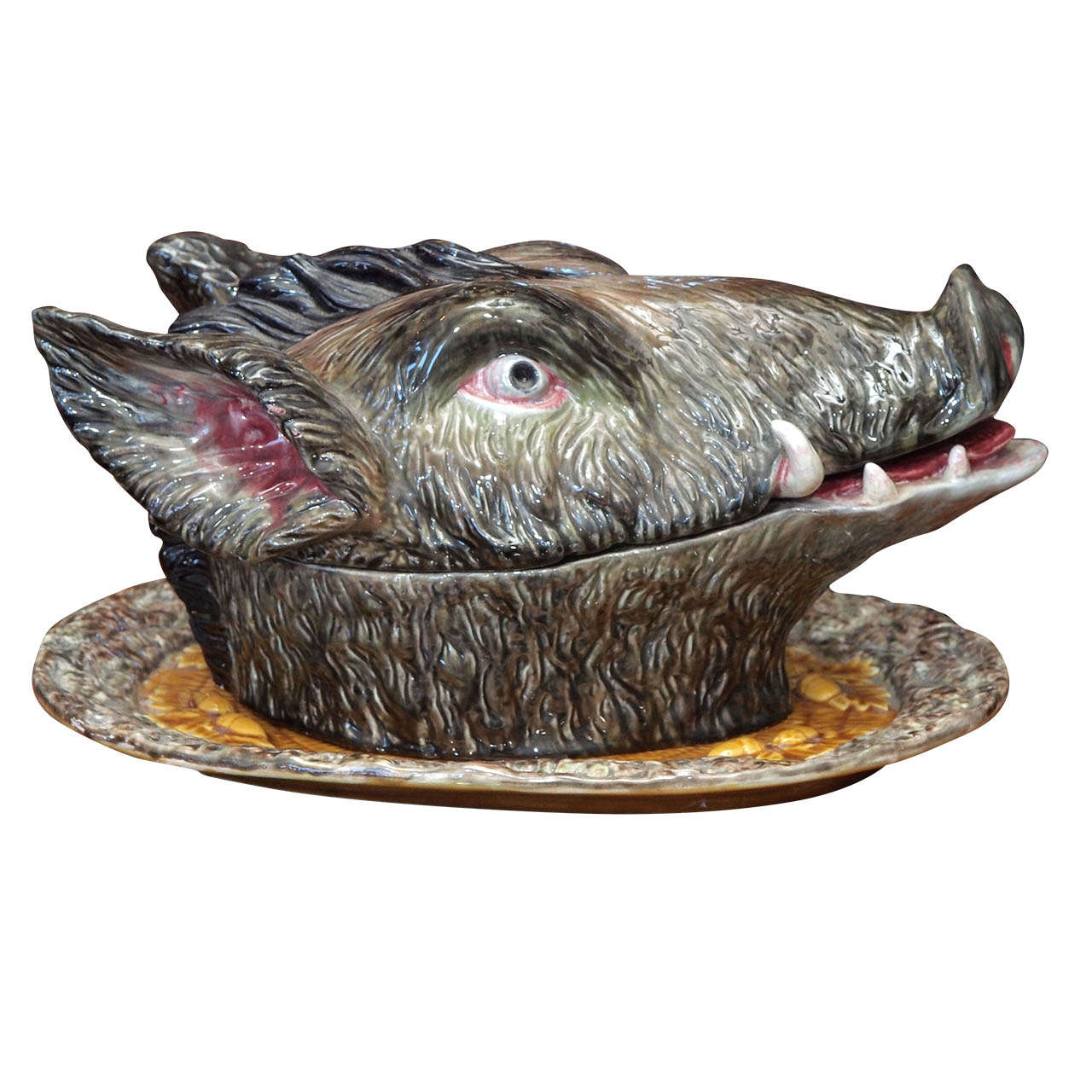 Portuguese Majolica Soup Tureen in the form of a Boars Head on Platter