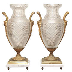Pair of Gilt Bronze Mounted Bacarrat Vases on Marble Bases