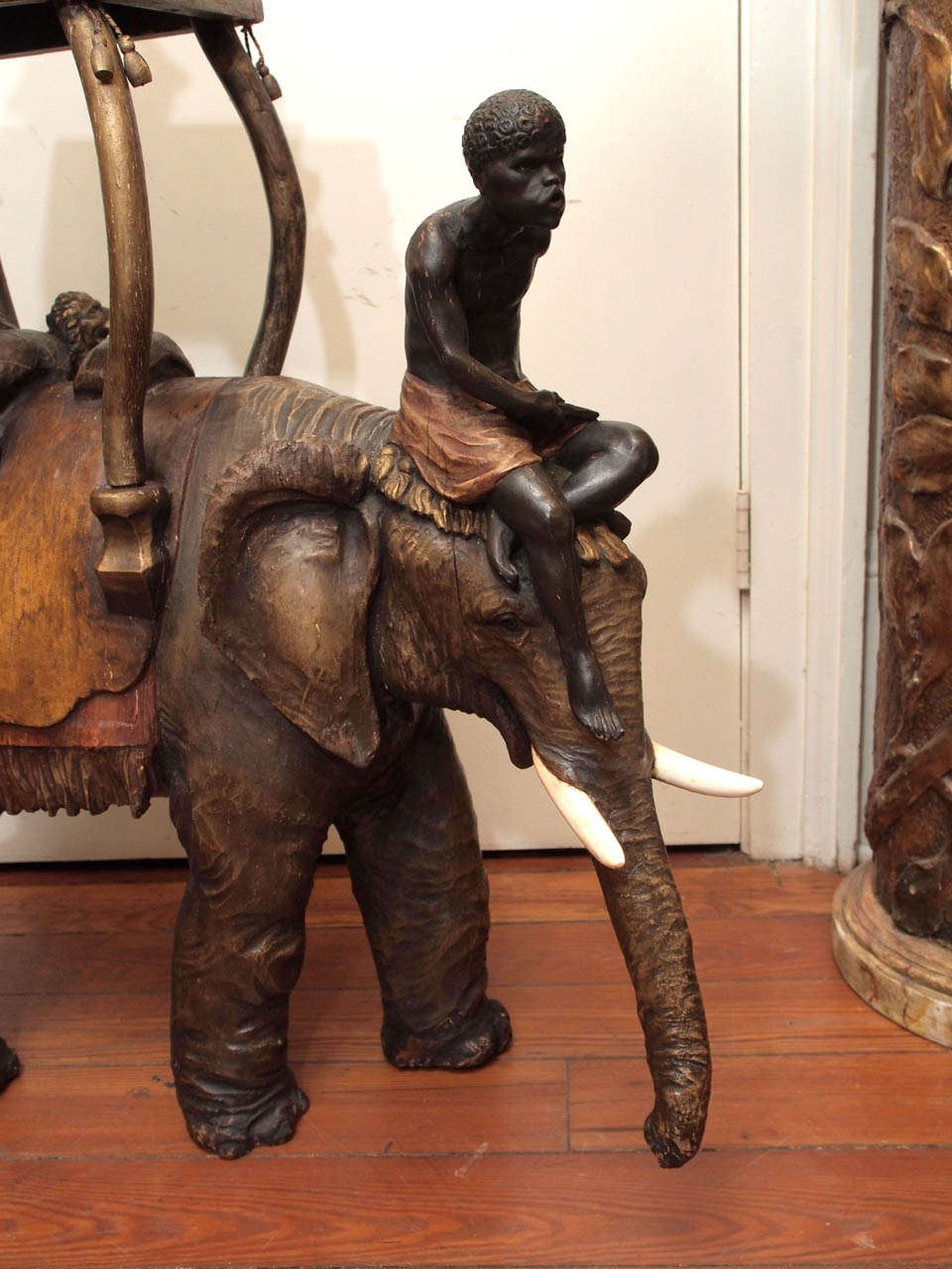 Italian 19th c. Venetian Polychromed Carved wood elephant and rider