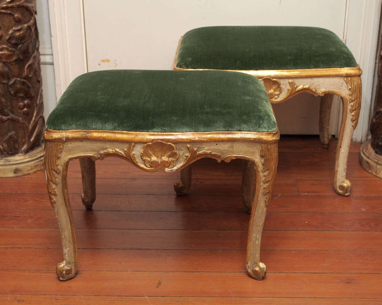 Pair of 18th c. Luigi XV Paint and Parcel Gilt Benches with decoration on three sides as they were meant to go up against the wall.