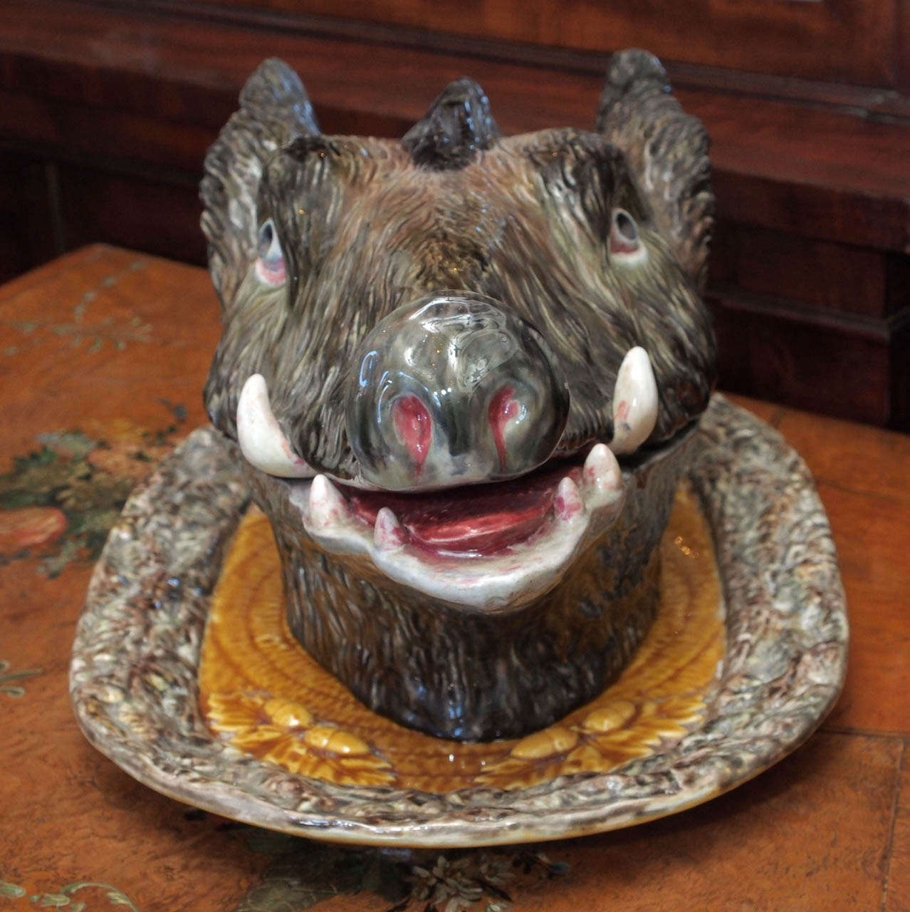 Portuguese Majolica Soup Tureen in the form of a Boars Head on Platter
