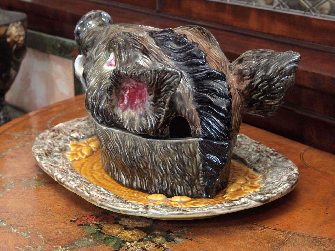 Portuguese Majolica Soup Tureen in the form of a Boars Head on Platter