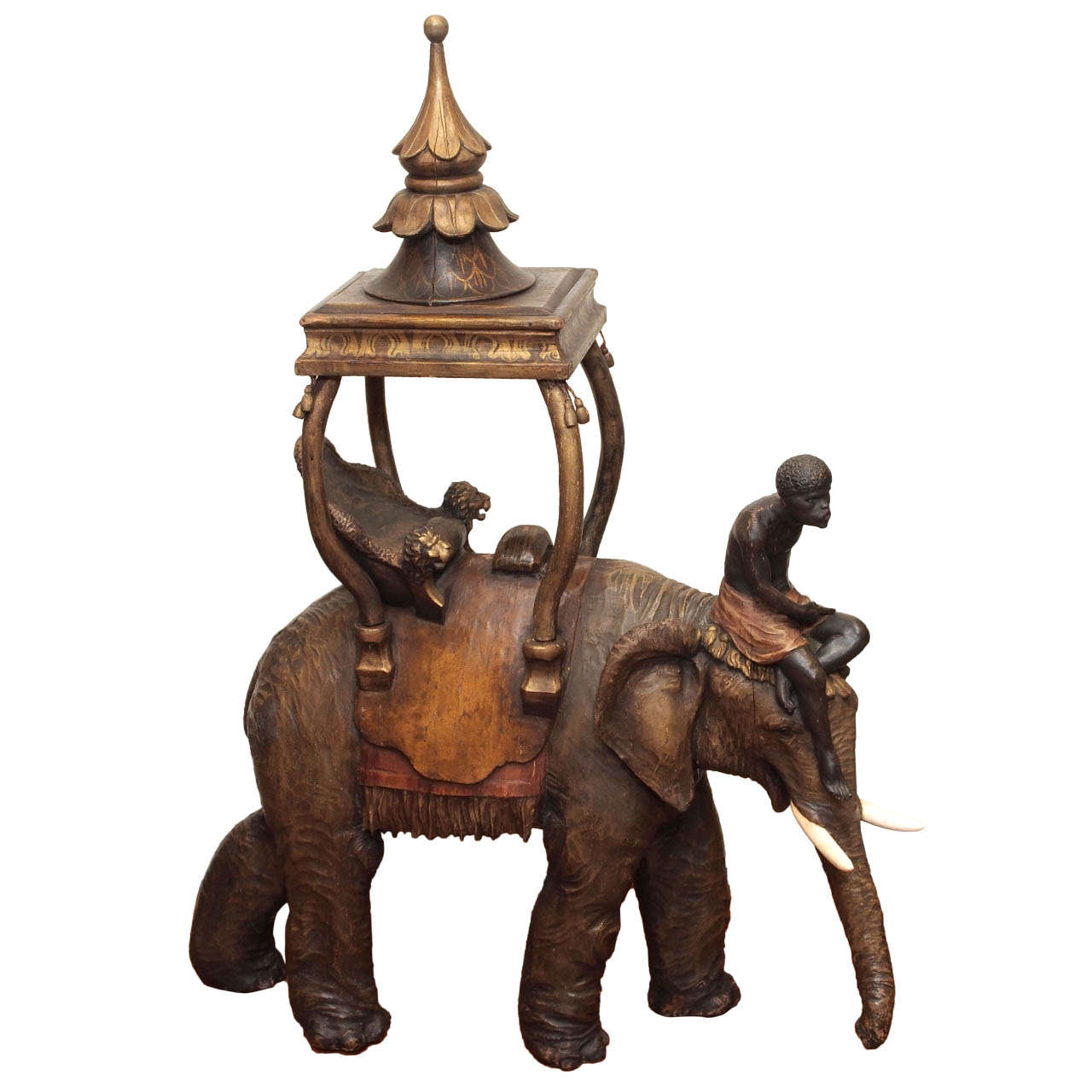 19th c. Venetian Polychromed Carved wood elephant and rider at 1stDibs