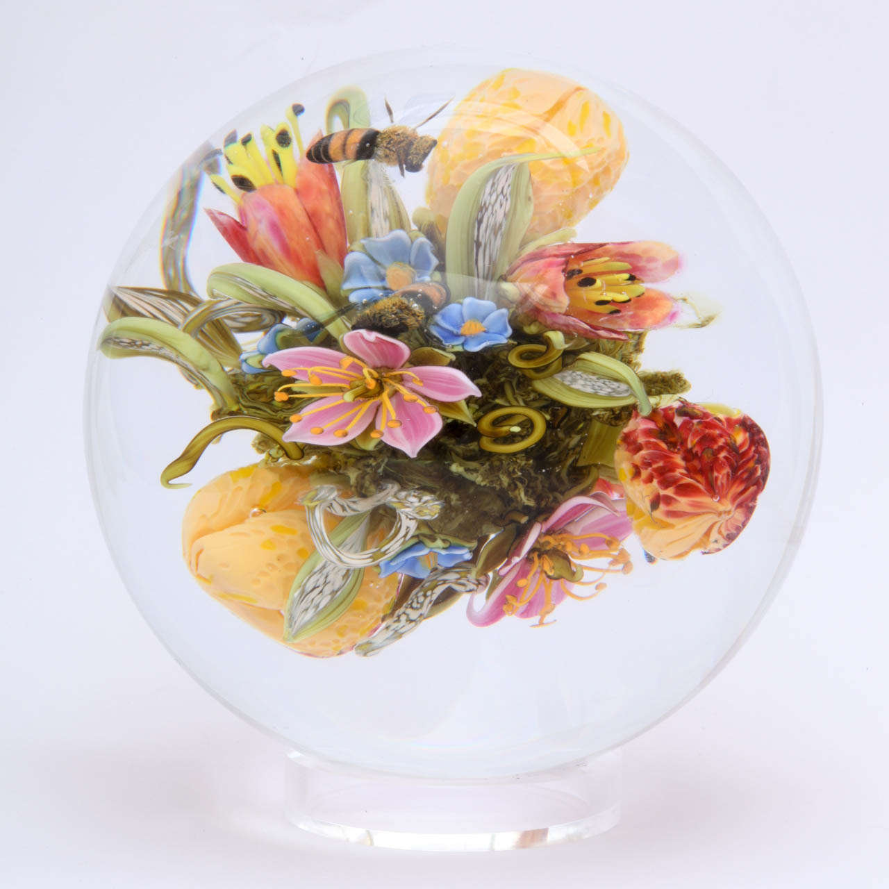 A beautiful Paul Stankard orb from the flower, fruit and nut series with two honeybees, signed Stankard 2014