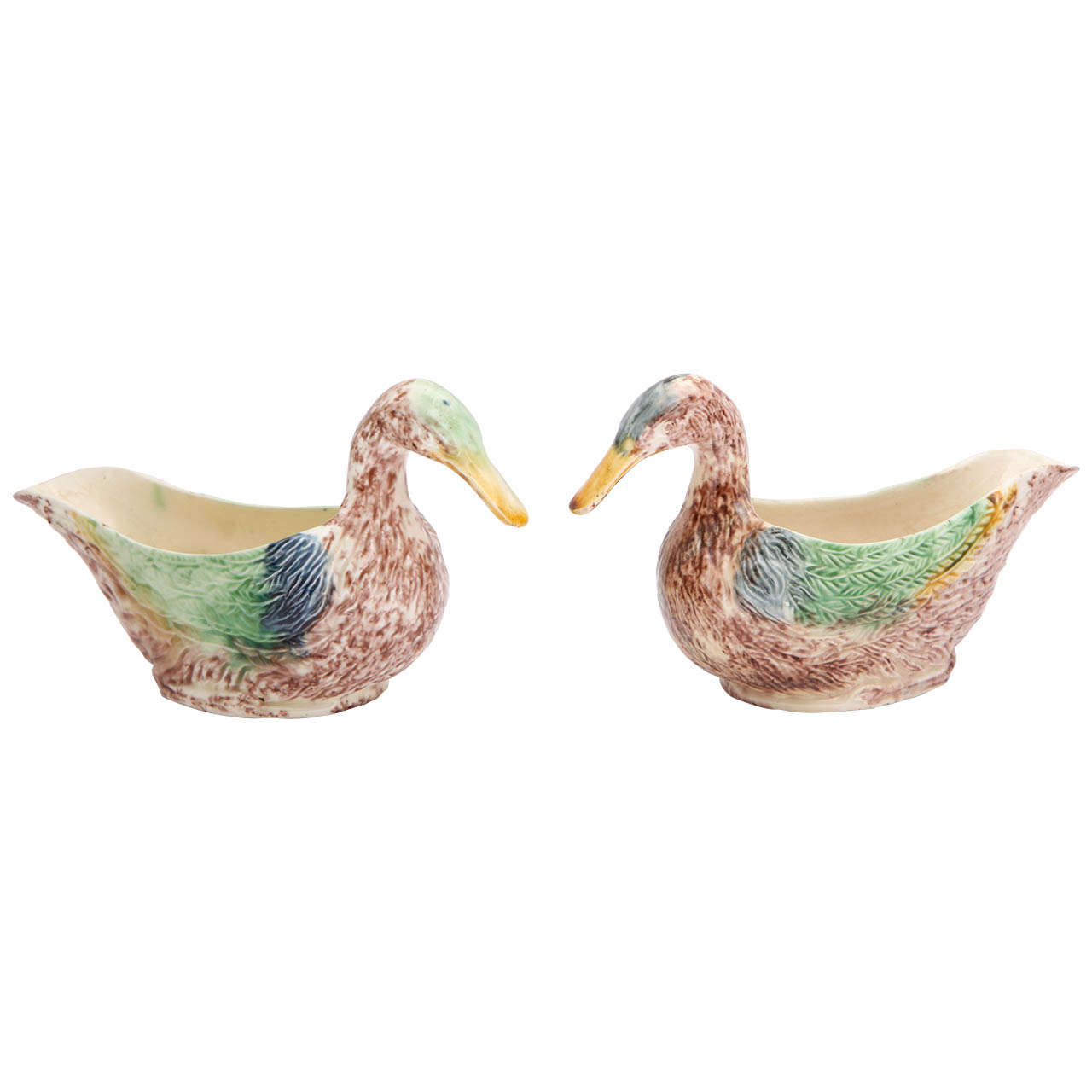 Rare Pair of English, Creamware Pottery Duck Sauceboats