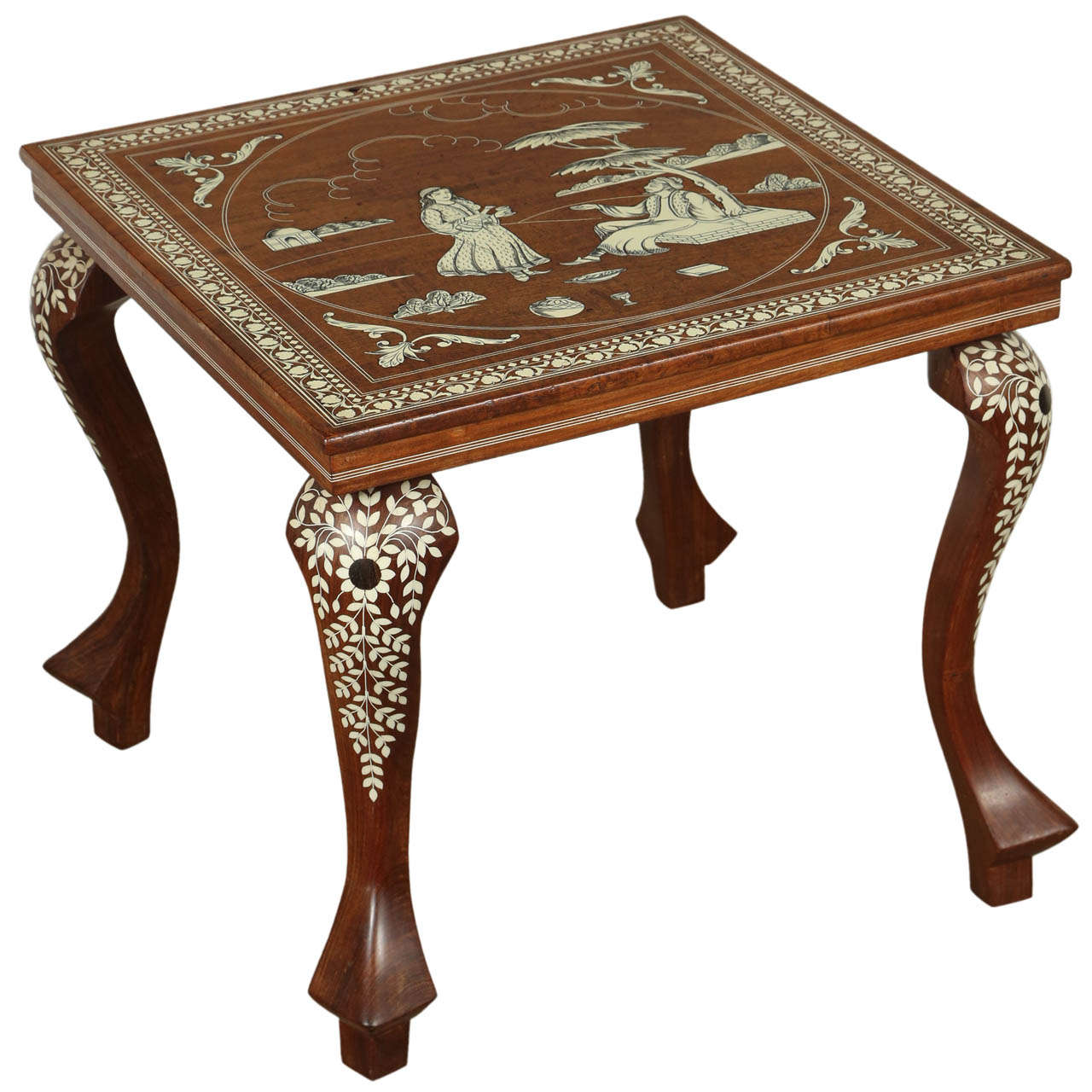 Anglo Indian Mughal Teak Inlaid Square Side Table For Sale
