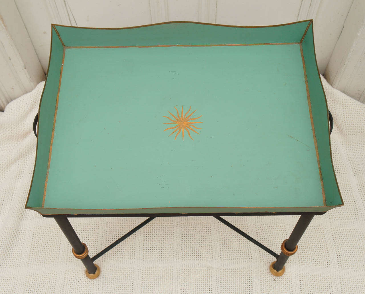 Green and Gold Decorated Tray on Cast Iron Base, Briger Design In Excellent Condition In Hudson, NY