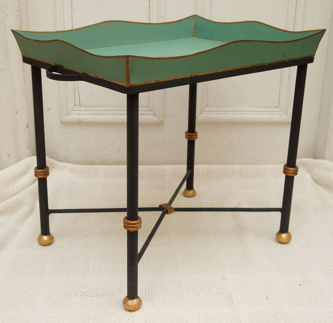 20th Century Green and Gold Decorated Tray on Cast Iron Base, Briger Design