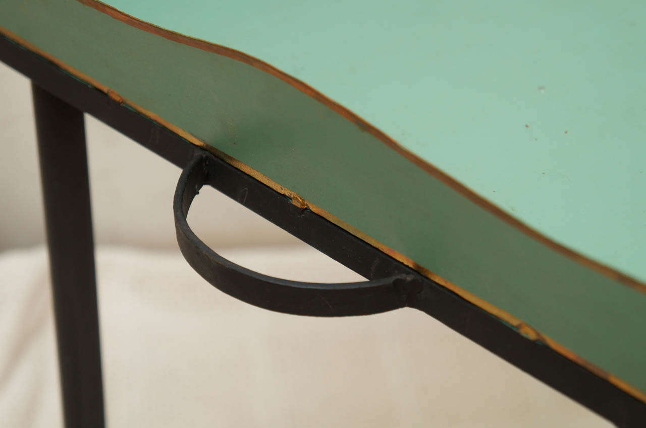 Tôle Green and Gold Decorated Tray on Cast Iron Base, Briger Design