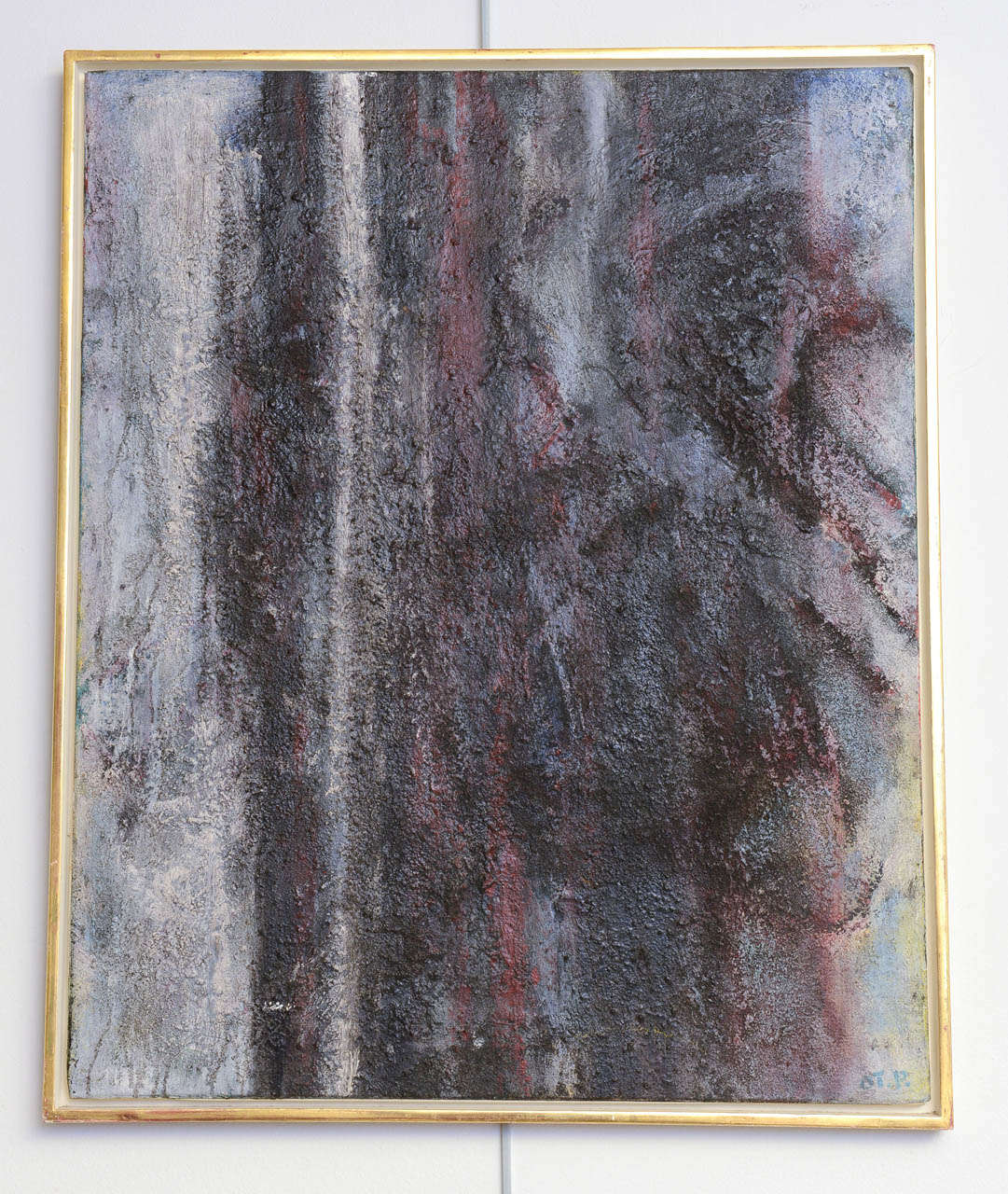 Danish Abstract Composition signed Ot P. on front and signed Otto Petersen on reverse. 63.
Oil on canvas in shades of black, grey and red in a beautiful gold frame.


H 33.00