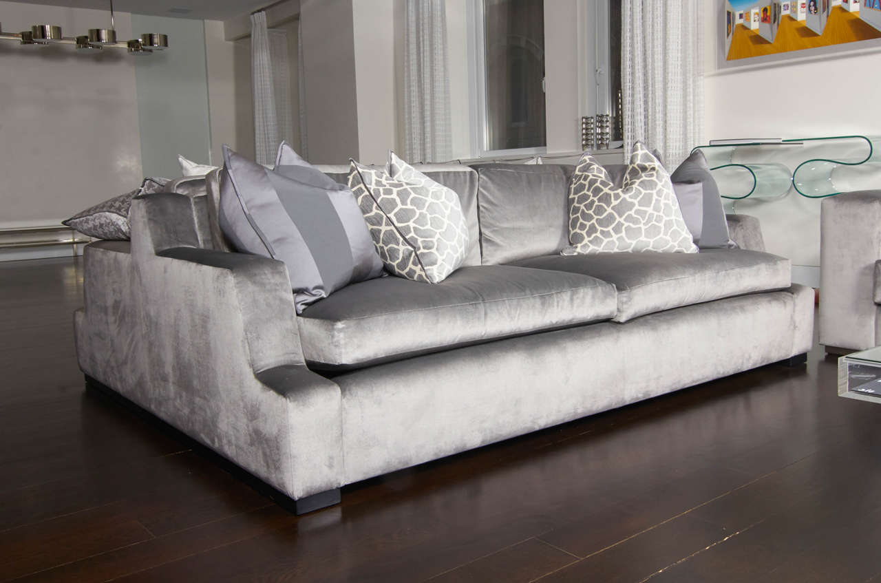 Silk / Mohair, Back to back custom sofa & custom pillows with flange detail. 50% down / 50% feather inserts.