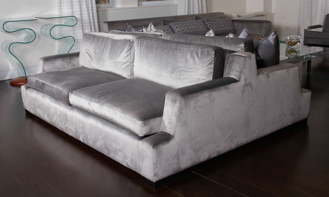 Mohair Custom Têtê-à-Têtê Sofa with Four Custom Pillows with Flange Detail