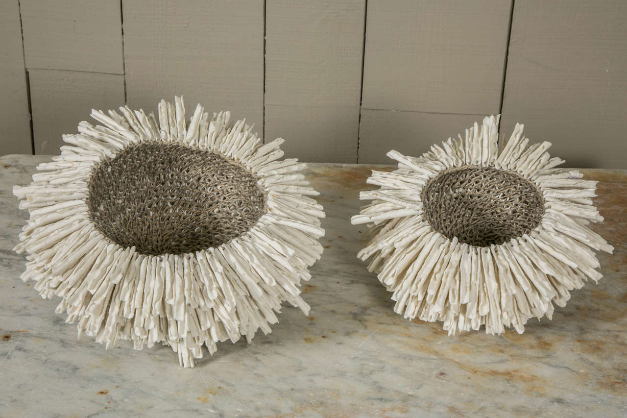 Amazing sculpture inspired by the sea urshin, made of hundreds parts of raw porcelain, all sewed together with hemp and linen. 
Original creations of a French workshop. 
Available in two sizes, but we agree to split the pair and sell