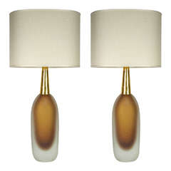 Pair of Charming Seguso "Sommerso" Murano Glass Signed Table Lamps, 1950s