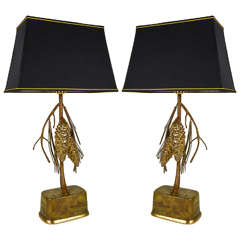 Pair of Italian Gold Bronze Table Lamps "Pinecones, " 1960