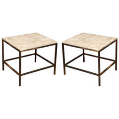 Pair of travertine and brass tables in the manner of Paul McCobb