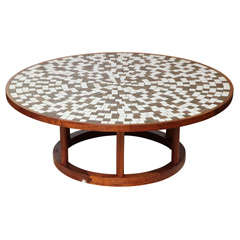 Large round mosaic tile and walnut cocktail table, c. 1960