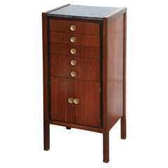Narrow walnut bureau with large brass hardware, c. 1960