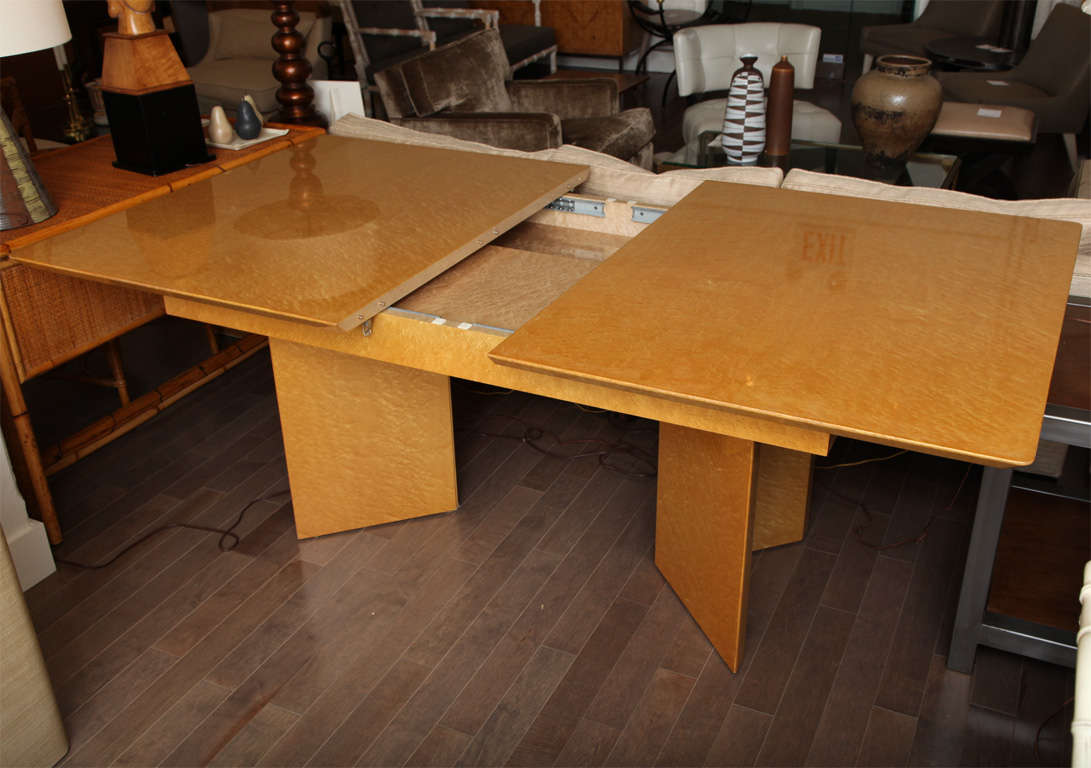 Lacquered burl dining table with extensions, circa 1970