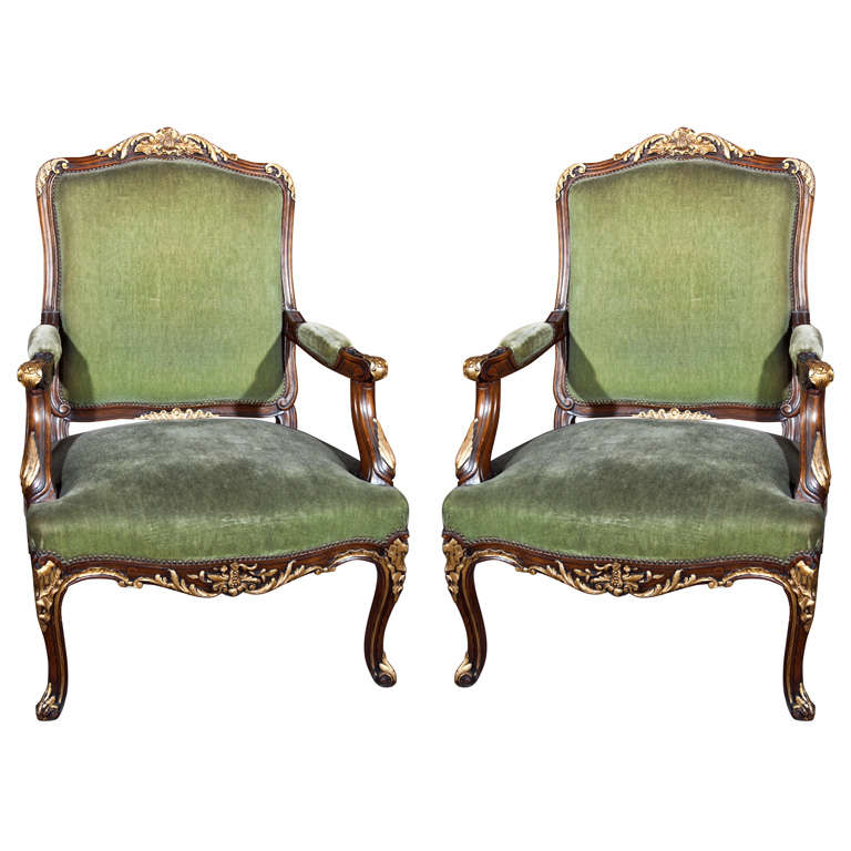 Pair of Walnut Carved Armchairs
