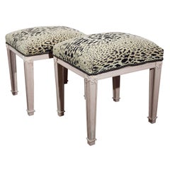 Pair Swedish Style Foot Stools White Paint Decorated With Animal Print Fabric