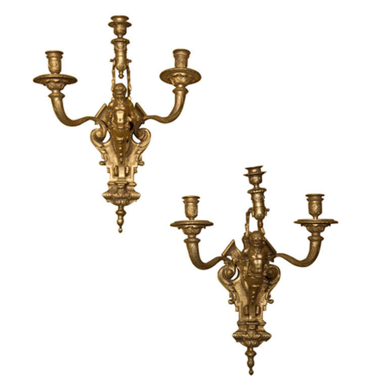 Pair of Gilt-Metal Three-Arm Wall Sconces